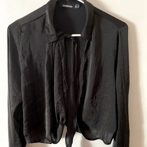 Black satin like wrap shirt cropped